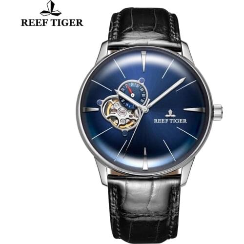 Reef Tiger/RT Luxury Brand Men Mechanical Watches Blue Automatic Watch Leather Strap Tourbillon Watch Relogio Masculino