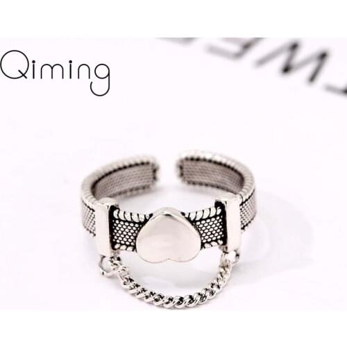 Silver Metal Love Heart Rings For Women Girls Vintage Party Baroque Jewelry Retro Vintage Adjustable Wedding Korean Ring Gift