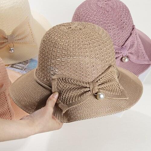 Women Imitation Raffia Bow Pearl Breathable Refreshing Cap Female Summer Travel Wide Brim Sunscreen Foldable Straw Sun Hat R61