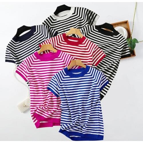 Striped Tops Summer Short Sleeve Pullover Women Sweater Knitted 2020 Sweaters Plus Size Tops Korean Pull Femme Jumper Female