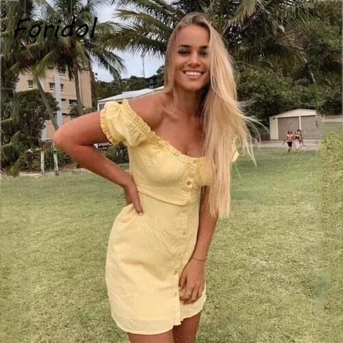 Foridol Puff Sleeve Vintage Summer Beach Dress Casual Button Up Yellow Holiday Short Mini Dress Yellow Cotton Cute Dress 2021