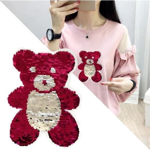 Patch deal with it clothes t shirt women stickers Reversible change color sequins 21cm cartoon baby bear patches for clothing