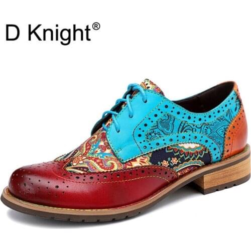 100% Genuine Leather Sneakers Ladies Brogues British Style Womens Flats Oxford Printing Shoes Woman Vintage Ladies Casual Shoes