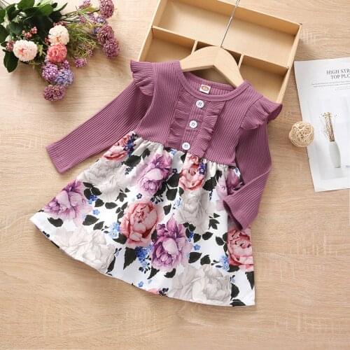 Suitable for 12-month-old girl to 4-year-old girl dress Round Neck Long Sleeve Ruffle button flower print casual Baby Girl Dress