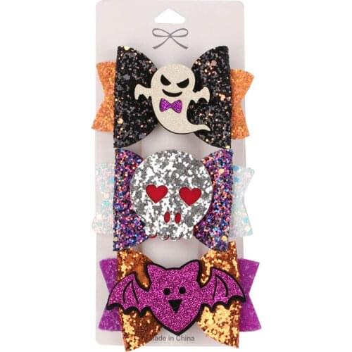 3pcs/pack Halloween Hair Clips For Girls Kids Glitter Hair Bows Cute Pumpkin Bats Hairpin Festival Party Hair Accessories