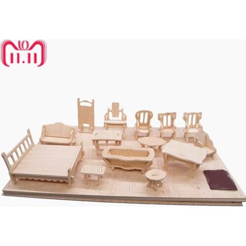34pcs/set 1:24 Dollhouse Mini Furnitures Childrens Educational Wooden Doll Furniture Toy,3d Puzzle Model Kit Christmas Toy