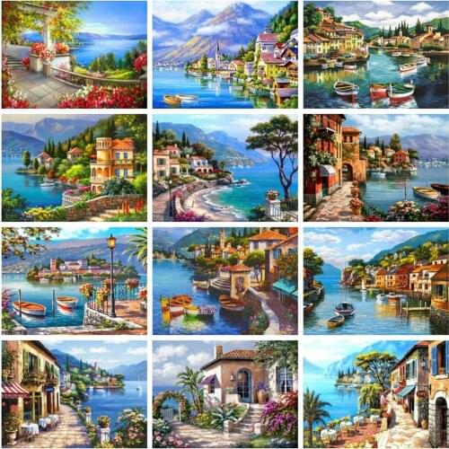 Huacan Diamond Painting 5D Landscape Town City Full Drill Square Diamond Embroidery Mosaic Seaside Rhinestone Home Decor