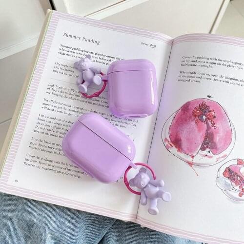 For AirPods Case Candy Purple Earphone Case For AirPods 2 3 AirPods Pro Protect Earphone Cover with Cute Bear Pendant Keychain