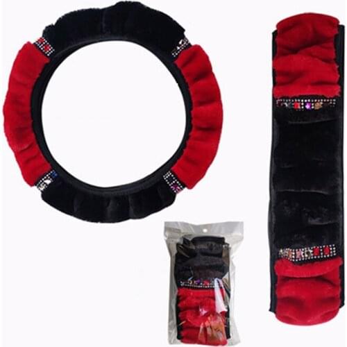 Soft Diameter Car Steering Wheel Cover Plush Rhinestone Wheel Cushion Protector 37-38cm Universal Steering Cover