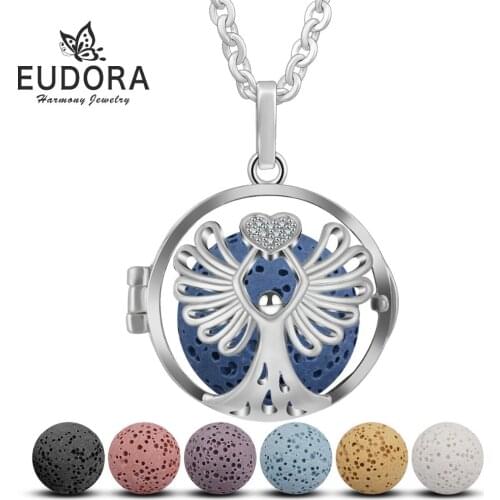 Eudora 18 mm Angel & Heart Clear CZ Cage Ball Lava Pendant Perfume Aromatherapy Locket Diffuser Necklace For Women Jewelry K296