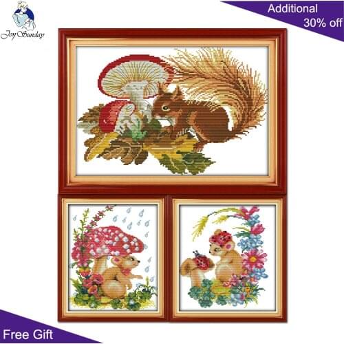 Joy Sunday Squirrel Needlework D107 D115 D116 Home Decor Squirre land Mushrooms And A Male Female Mouse Animal Cross Stitch Kits