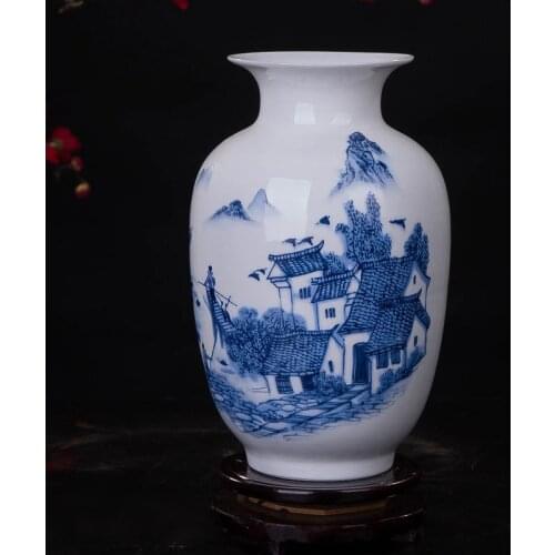 Classic Chinese Blue and White Flower Design Ceramic Vase Antique Tabletop Flower Vase For Hotel Dining Room Decoration No Base
