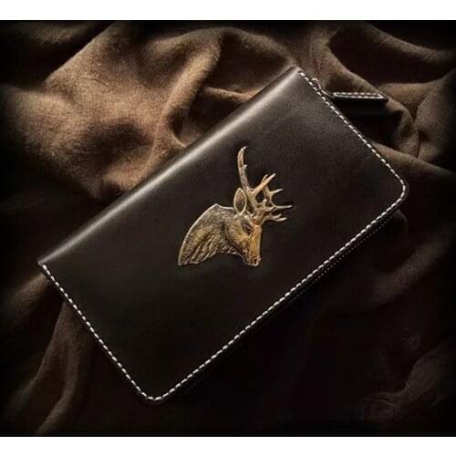 Handmade Lovers Wallets Carving Deer Head Purses Men Gentleman Clutch Vegetable Tanned Leather Women Wallet Card Holder