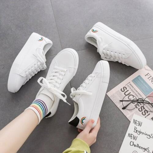Girl Casual Shoes White Leather Rainbow Cloud Lace Up Women Leisure Shoes 35-40 Low-top Female Sneakers Waterproof Nice Quality