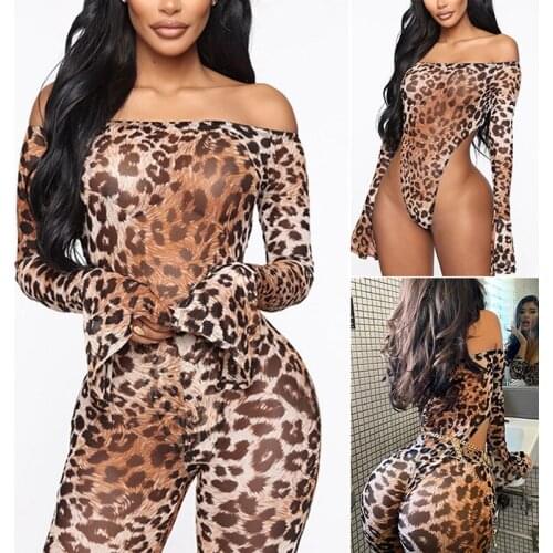 Leopard Sexy 2 Piece Outfits for Women Club Off Shoulder Long Sleeve Bodysuit Leggings Pants Matching Sets