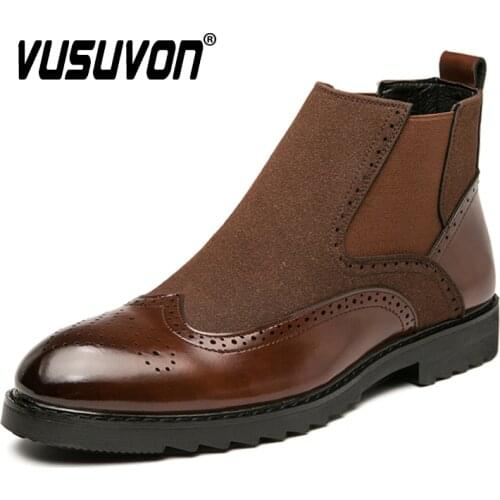 Men Casual Boots Retro Stitching Leather Oxford Brogue Shoes Breathable Autumn Winter Classic Mens Boots Slip On Footwear