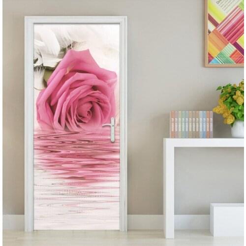 Living Room Bedroom Door Sticker Pink Rose Flower PVC Waterproof Self-adhesive Bathroom Door Mural Poster Wall Papers Home Decor