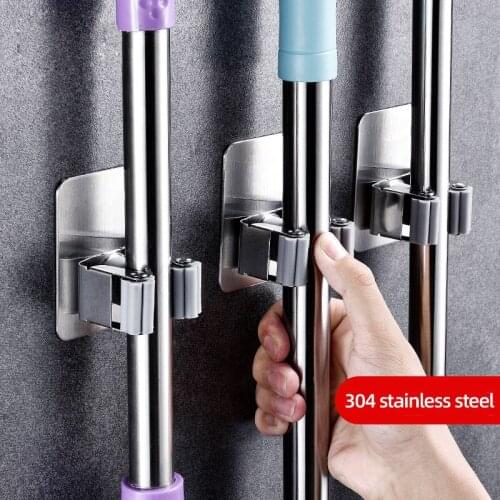 Stainless Steel Broom Holder Wall Mount Self Adhesive Heavy Duty Mop Rack Over Door Broom Hanger Hanging Pipe Hooks Organizer