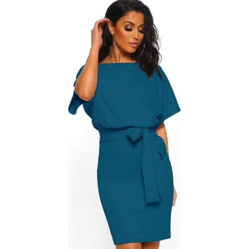 2020 Summer Women Fashion Sashes Casual Office Lady Work Dress Short Sleeve O Neck Solid Color Shirt Pencil Dress Women Dresses