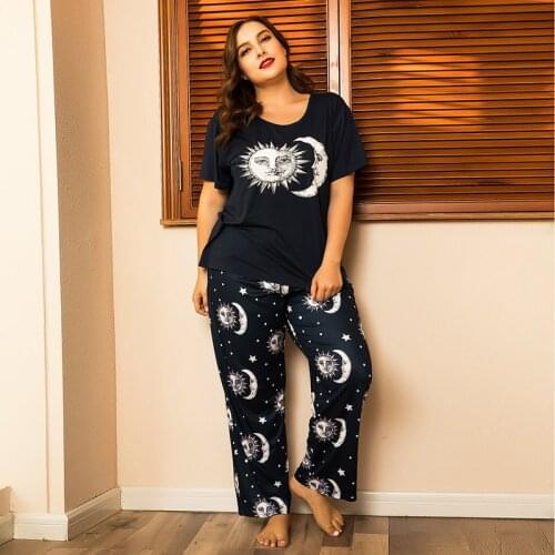 Plus Size Pajama Sets Women Summer Sleepwear Cotton Cute Sun Moon Short Sleeve Two Piece Set Homewear Sexy Pjs Lounge Nightwear