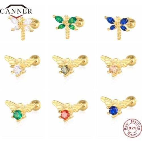 CANNER 925 Sterling Silver Colorful Zircon Dragonfly Bee Screw Back Stud Earrings for Women Piercing Earring Jewelry Pendientes