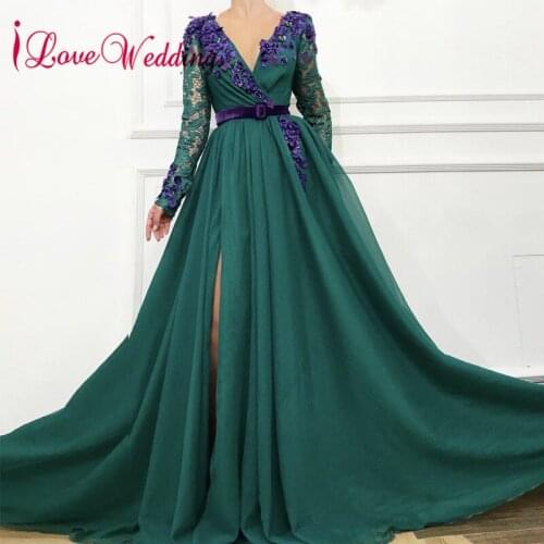 Sexy V Neck Evening Dress Long Sleeves A Line Party Gown Custom made Arabic Style Formal Evening Dresses Long