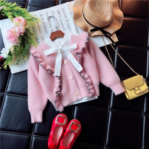 Girl Baby Sweater Cardigan Spring Autumn Knit Sweater Long-sleeved Outer Sweater Childrens Wooden Ear Coat 1 -7Y