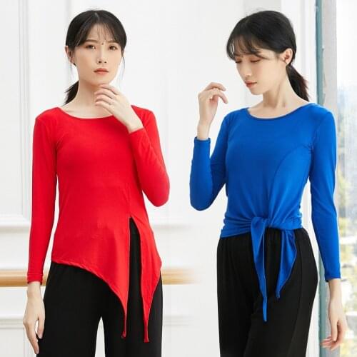 Adult Loose Modal Belly Dance Front Tie Top Split Asymmetric Hem Shirt Practice Costume for Women Dancing Clothes Dancer Wear