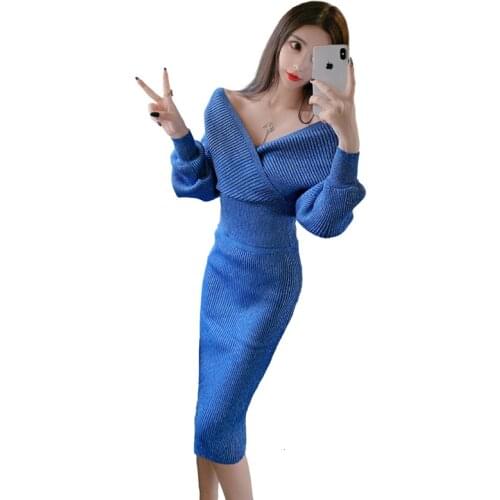 2019 New Women Sets Long Sleeve V Neck Shiny Gold Wire Knitting High Quality Sweater + Sexy High Waist Skirt Suits 2 Piece Sets