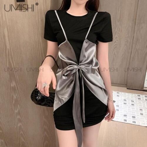 Satin Strap Butterfly Short Sleeve Black Fake Two-Piece Dress Ruched Bodycon Cute Mini 2021 Summer Clothes For Women Vestidos