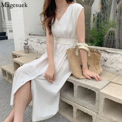 Korean Casual Summer Dress Women Simple V-neck High Waist Sleeveless Dress Solid Cotton Temperament Female Dresses Vestido 14021