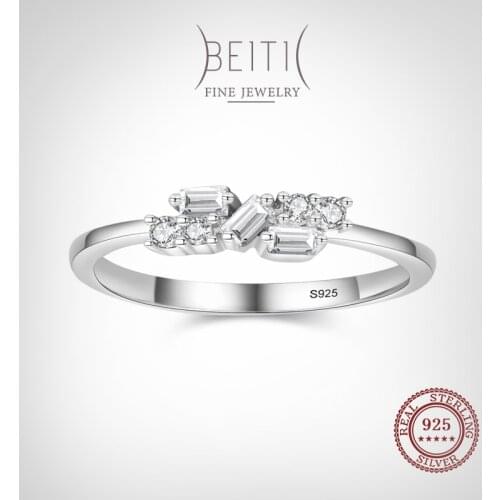 Beitil Fine Round Rectangle Geometric Clear Zircon Finger Ring For Women Authentic 925 Sterling Silver Simple Geometric Jewelry