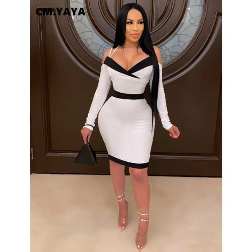 CM.YAYA Autumn Winter Patchwork Women Dress Long Sleeve Bandage Bodycon Night Club Sexy Off Shoulder V-neck Midi Dresses