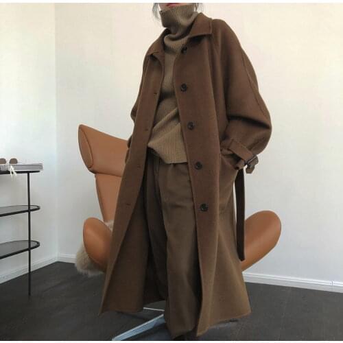 Winter New Fashion Silhouette Wool Double-Sided Woolen Coat Lapel Loose Mid-Length woolen coat women black brown