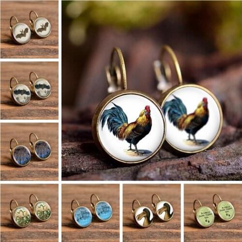 2019 Fashion Comic Peacock Cat Stud Earrings Glass Cabochon Jewelry Accessories Cute Animals Pattern Best Gift for Women