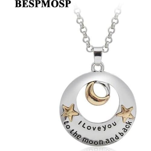 Bespmosp 24PC/Lot Wholesale "I Love You To The Moon And Back"Pendant Necklace Women Girl Statement Jewelry Moon Star Charm Gifts