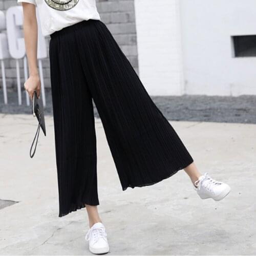 Women Wide Leg Pant Solid Color Pant Female High Waist Pleated Thin Chiffon Plus Size Casual Ladies Culottes Trousers