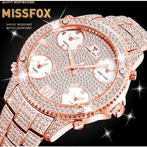 MISSFOX Dual Time Watches Mens Top Brand Luxury Business Blocky Wristwatch 5 Time Zone Japan Quartz Movement Waterproof Watches