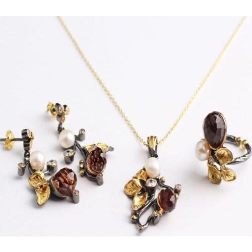 Drop Pearl Leaf Zultanite and Green Jewelry Set Gold Plated,Woman Silver Zultanite Ring+Necklace+Earrings,Handmade Woman Silver