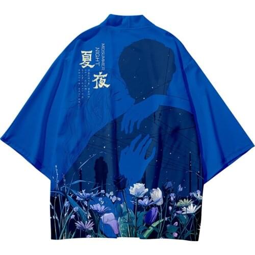 5XL 4XL 3XL XXL 6XL Blue Beach Harajuku Japanese Style Sets Fashion Kimono Men Women Cardigan Haori Obi Asian Clothes Pant Suit