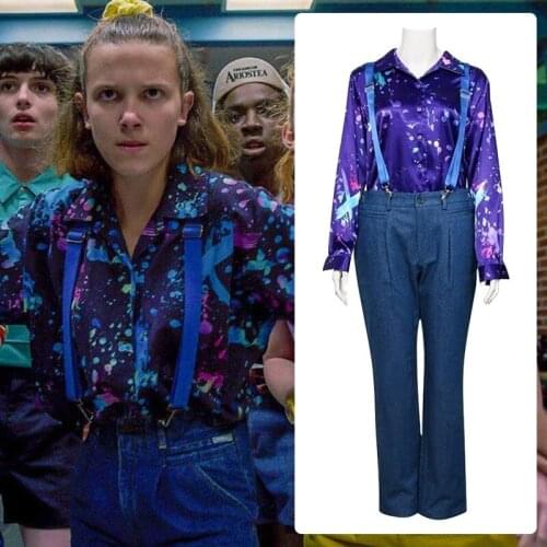 Eleven Cosplay Costume For Stranger Things Season 3 Long Sleeve Printed Shirt Strap Pants Halloween Women Girls Party Costume