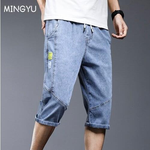 Summer Jeans Shorts Mens Denim Elastic Stretched Cotton Thin Jean Light Blue Calf Length Pants Male Cropped Denim Short