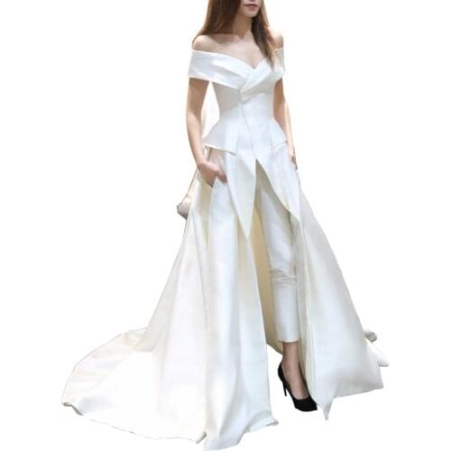 Matte Stain Off Shoulder Prom Jumpsuit With Train 2021 Pocket Design Plus Size Arabic Dubai Occasion Evening pant suit set