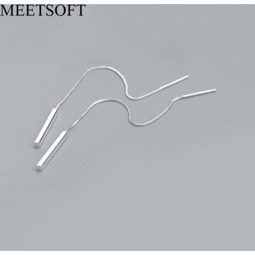 MEETSOFT Silver Plated Prevent Allergy Long Chain Small Square Drop Earrings for Women Retro Round Hollow Out Jewelry Gift