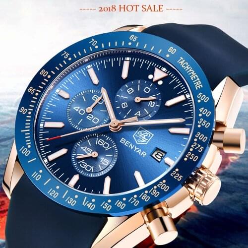 Mens Fashion Blue Luxury Business Quartz Watch Military Waterproof Silicone Band Chronograph Wristwatches Male BENYAR 5140