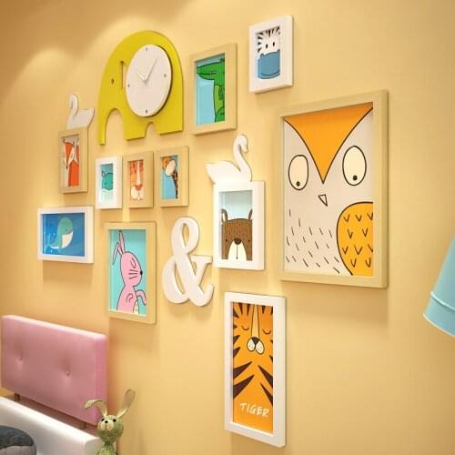 NEW Boutique 15PCS Cartoon Childrens Combination Photo Frame + Wall Clock Home Decoration Living Room Bedroom Study Decoration