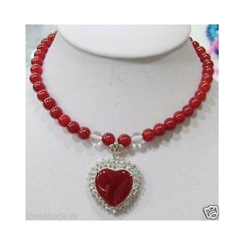 Fancy 8mm Red Jades Beads Necklace 18" Heart Pendant