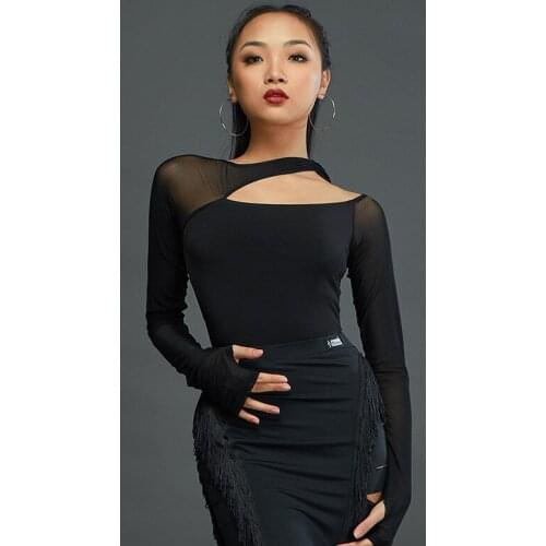 New Female Sexy Latin Tops Professional Long Sleeve Mesh Black Latin Practice Clothes Rumba Tango Samba Ballroom Costume DWY5025