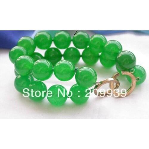 Charming 2strands 8" 14mm green round jade bead bracelet