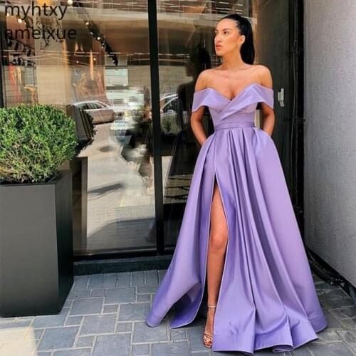 Custom Shoulder 2020 Prom Dresses High Split Simple Satin Full Length Purple Evening Gowns Robe De Bal Formal Party Plus Size